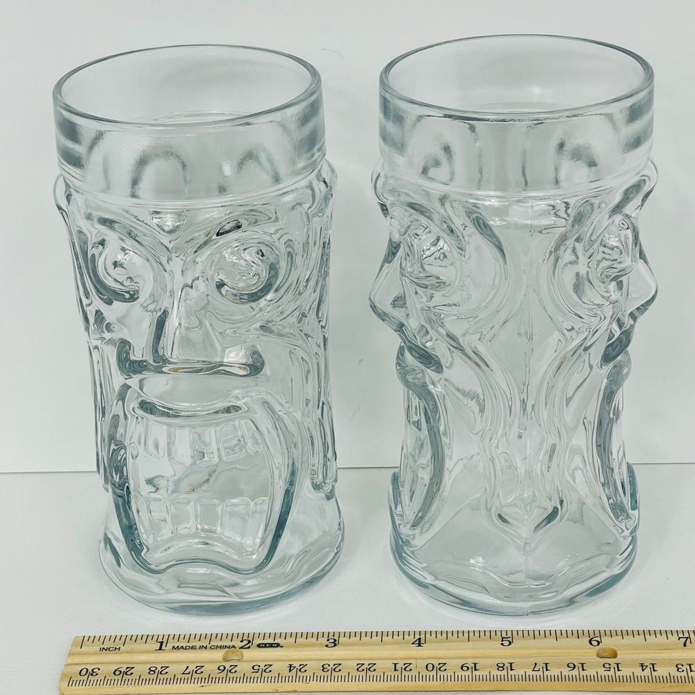 Anchor Hocking Tiki Mug Set of 2 Clear Glass Molded Face 16oz Tropical Excellent - Picture 9 of 10